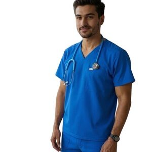 FIGS Men’s Chisec Scrub Top Small Royal Blue V-Neck 3 Pocket Modern Fit